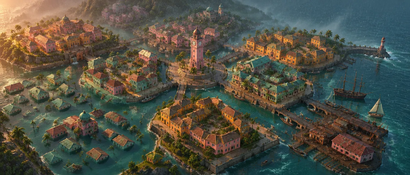 Peta miniatur kota Drenchwell: sembilan distrik beratap pastel dipisahkan kanal, menara jam di tengah, pelabuhan di kanan.